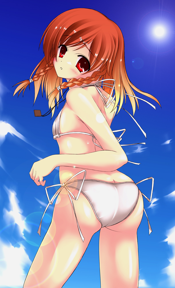 umitsubame, triona, mabinogi, 1girl, ass, back, bikini, blue sky, braid, brown hair, butt crack, cloud, cloudy sky, cropped legs, day, female focus, flat chest, long hair, looking at viewer, looking back, orange hair, outdoors, red eyes, side-tie bikini bottom, sky, solo, sun, swimsuit, twin braids, white bikini