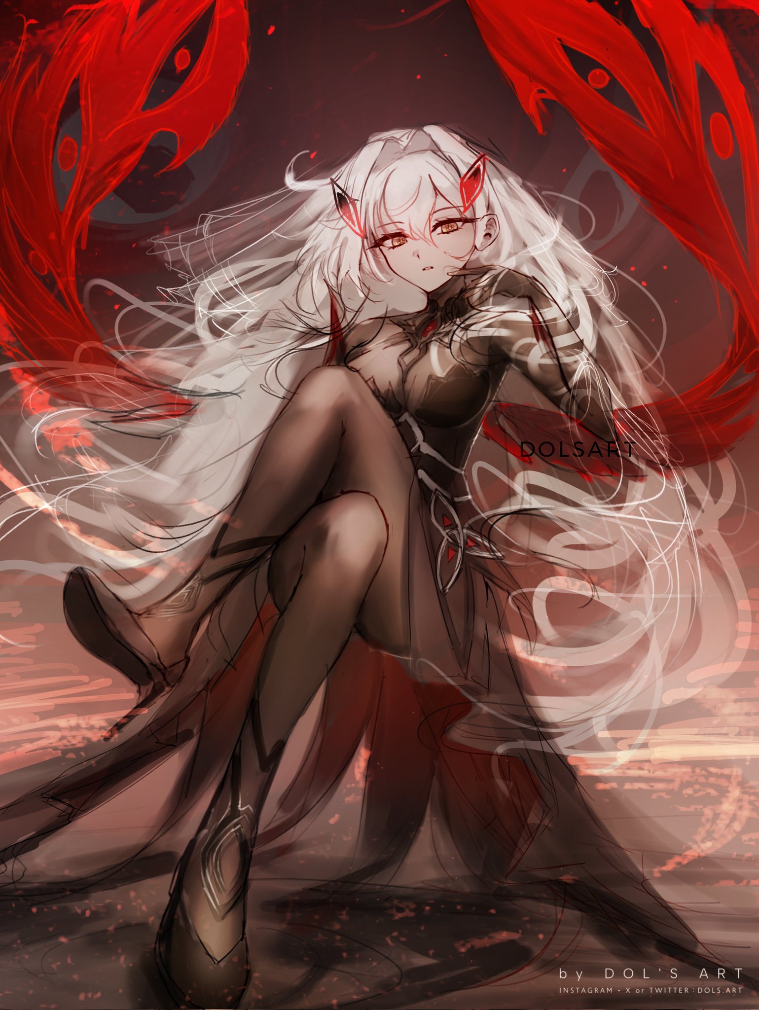 dols art, ronova (genshin impact), genshin impact, black bodystocking, commentary, commission, english commentary, highres, vgen commission, 1girl, black dress, bodystocking, cowlick, dress, extra eyes, eye hair ornament, eye symbol, eyes on wings, hair intakes, red wings, side ahoge, solo, wings, yellow eyes