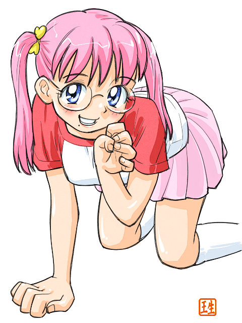 ikurumi kaoru, azumi (ikurumi), original, 1girl, all fours, breasts, female focus, glasses, kneehighs, large breasts, mole, mole under mouth, pink hair, raglan sleeves, skirt, socks, solo, thighhighs, twintails, white socks