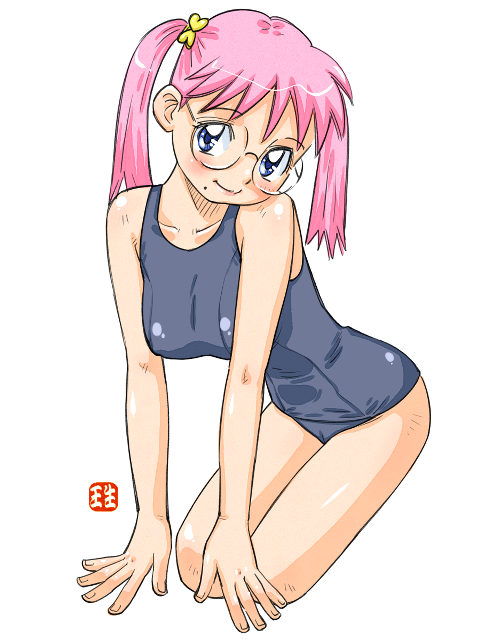 ikurumi kaoru, azumi (ikurumi), original, 1girl, breasts, female focus, glasses, large breasts, mole, mole under mouth, one-piece swimsuit, pink hair, school swimsuit, solo, swimsuit, twintails