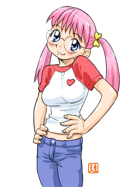 ikurumi kaoru, azumi (ikurumi), original, 1girl, breasts, female focus, glasses, hands on own hips, heart, large breasts, mole, mole under mouth, pink hair, raglan sleeves, solo, twintails