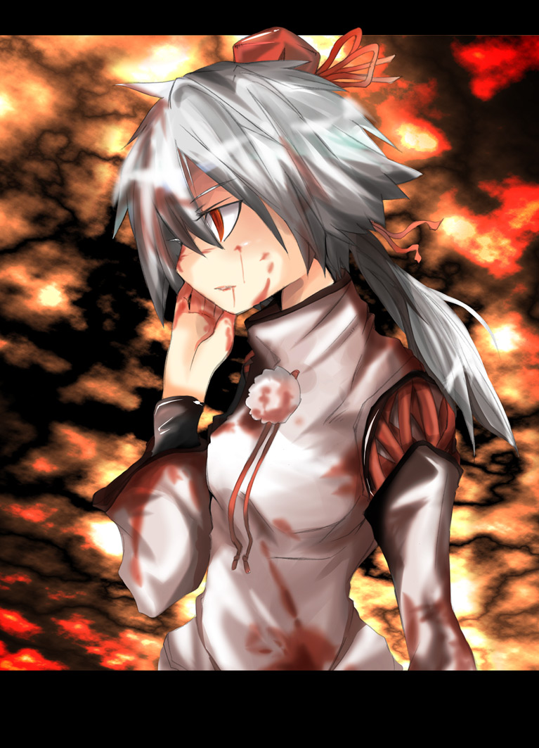 maturiuta sorato, inubashiri momiji, touhou, silver hair, 1girl, alternate hairstyle, blood, detached sleeves, female focus, hat, letterboxed, long hair, ponytail, red eyes, solo, tokin hat