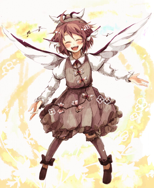 popoin, mystia lorelei, touhou, bad id, bad pixiv id, 1girl, animal ears, brown hair, dress, female focus, full body, hat, music, musical note, quaver, short hair, singing, solo, wings