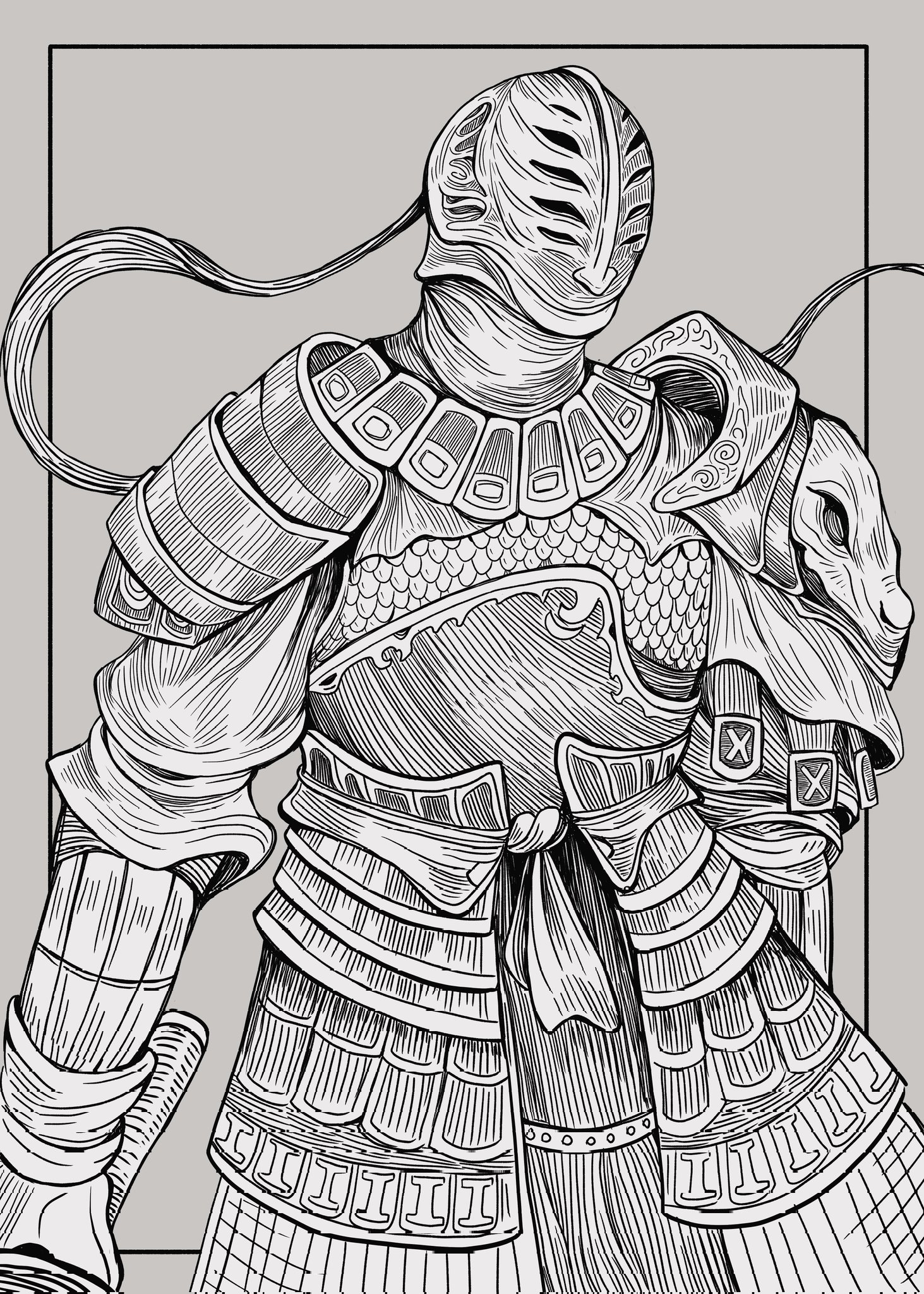 fol463, dark souls (series), dark souls ii, commentary request, highres, 1boy, armor, breastplate, cowboy shot, faulds, gauntlets, greyscale, helm, helmet, holding, holding sword, holding weapon, japanese armor, knight, kote, long hair, male focus, monochrome, pauldrons, ponytail, shoulder armor, simple background, sir alonne, solo, sword, weapon