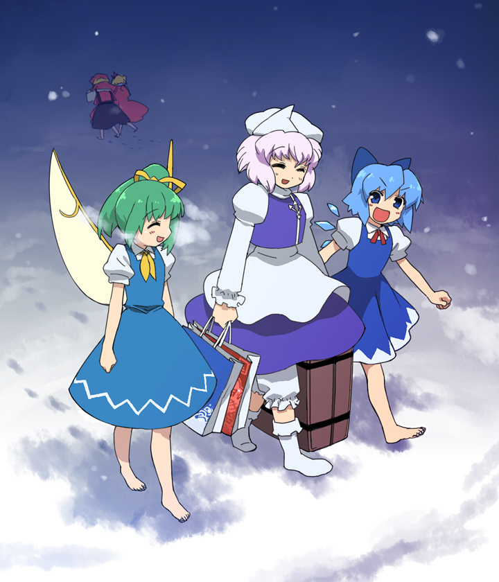tonbi, aki minoriko, aki shizuha, cirno, daiyousei, letty whiterock, touhou, bad id, bad pixiv id, 5girls, barefoot, blue hair, dress, female focus, green hair, hat, multiple girls, outdoors, purple hair, ribbon, skirt, snow, socks, wings