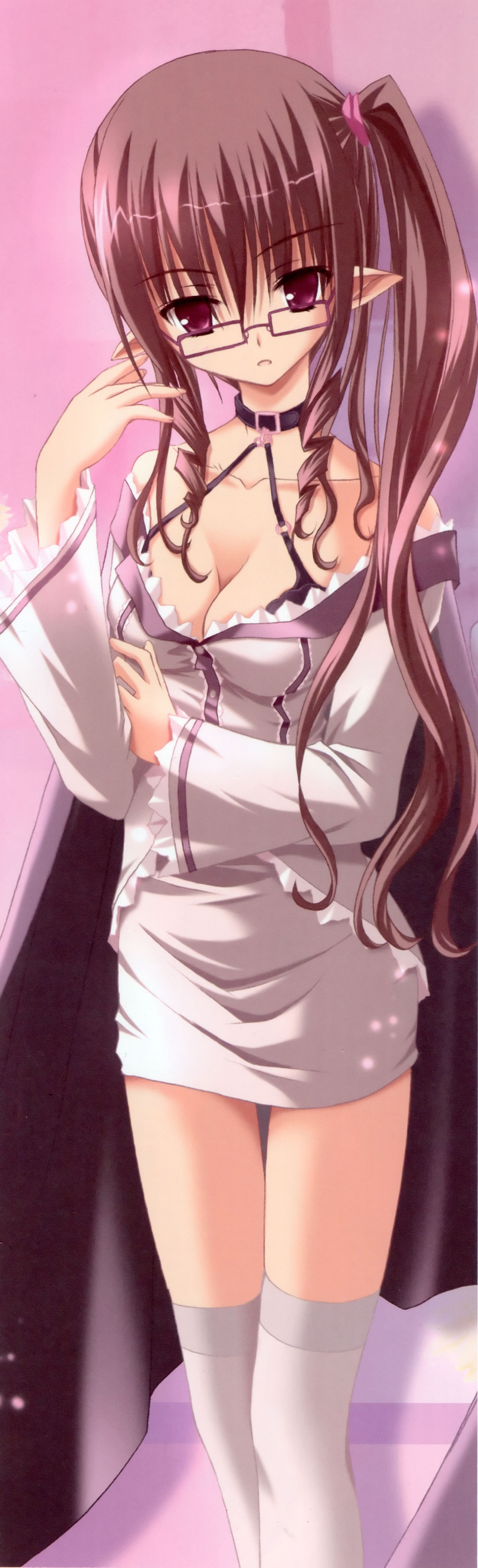 tinker bell (pixiv 10956015), duel dolls, absurdres, highres, long image, tall image, 1girl, breasts, brown hair, cleavage, female focus, glasses, long hair, medium breasts, pink eyes, pointy ears, ponytail, solo, thighhighs