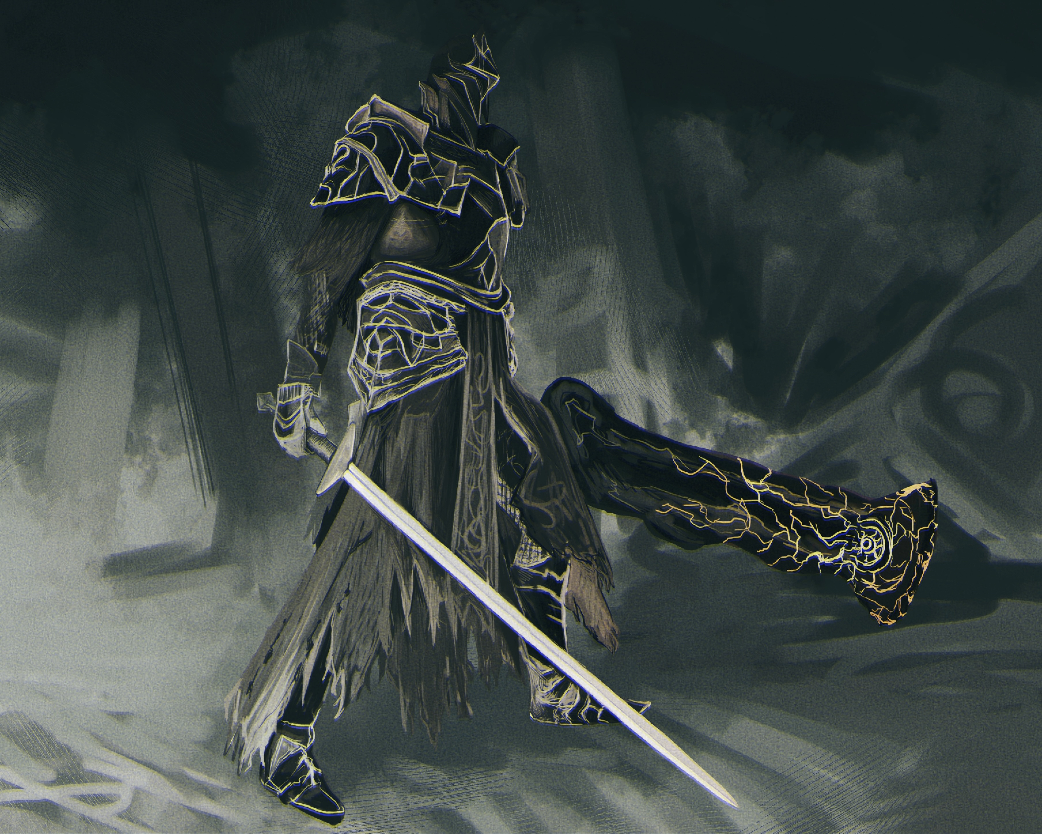rinmaru0213, fume knight, dark souls (series), dark souls ii, absurdres, commentary request, highres, 1boy, armor, armored boots, asymmetrical dual wielding, black armor, black pants, boots, breastplate, dual wielding, full body, gauntlets, greatsword, grey background, helm, helmet, holding, holding sword, holding weapon, knight, male focus, pants, solo, sword, weapon