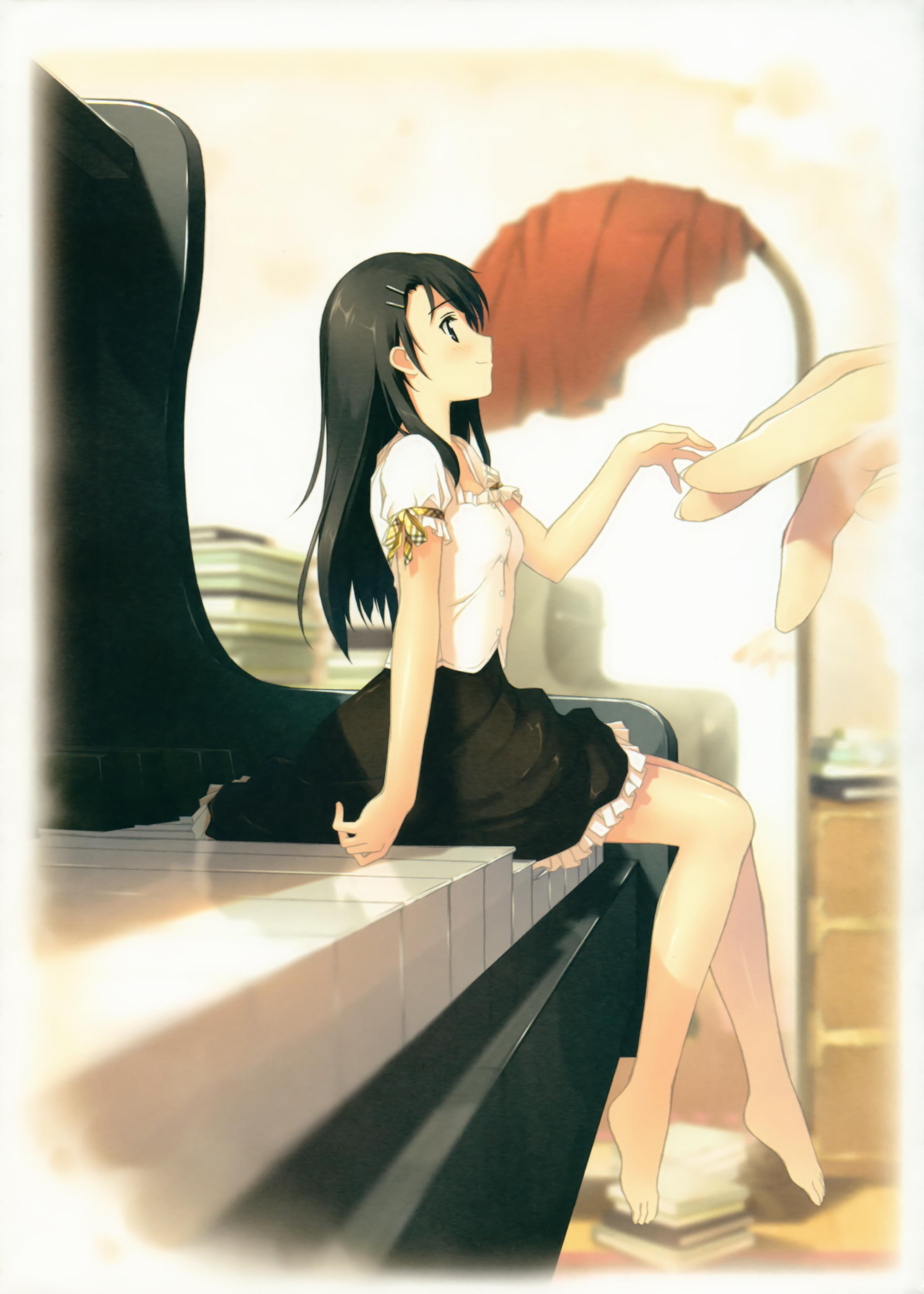 kantoku, absurdres, highres, 1girl, barefoot, black hair, blouse, blue eyes, blurry, blush, book, depth of field, feet, from side, full-length mirror, full body, grand piano, indoors, instrument, long hair, mini person, minigirl, mirror, piano, plantar flexion, reflection, reflective floor, shirt, sitting, solo focus, white shirt
