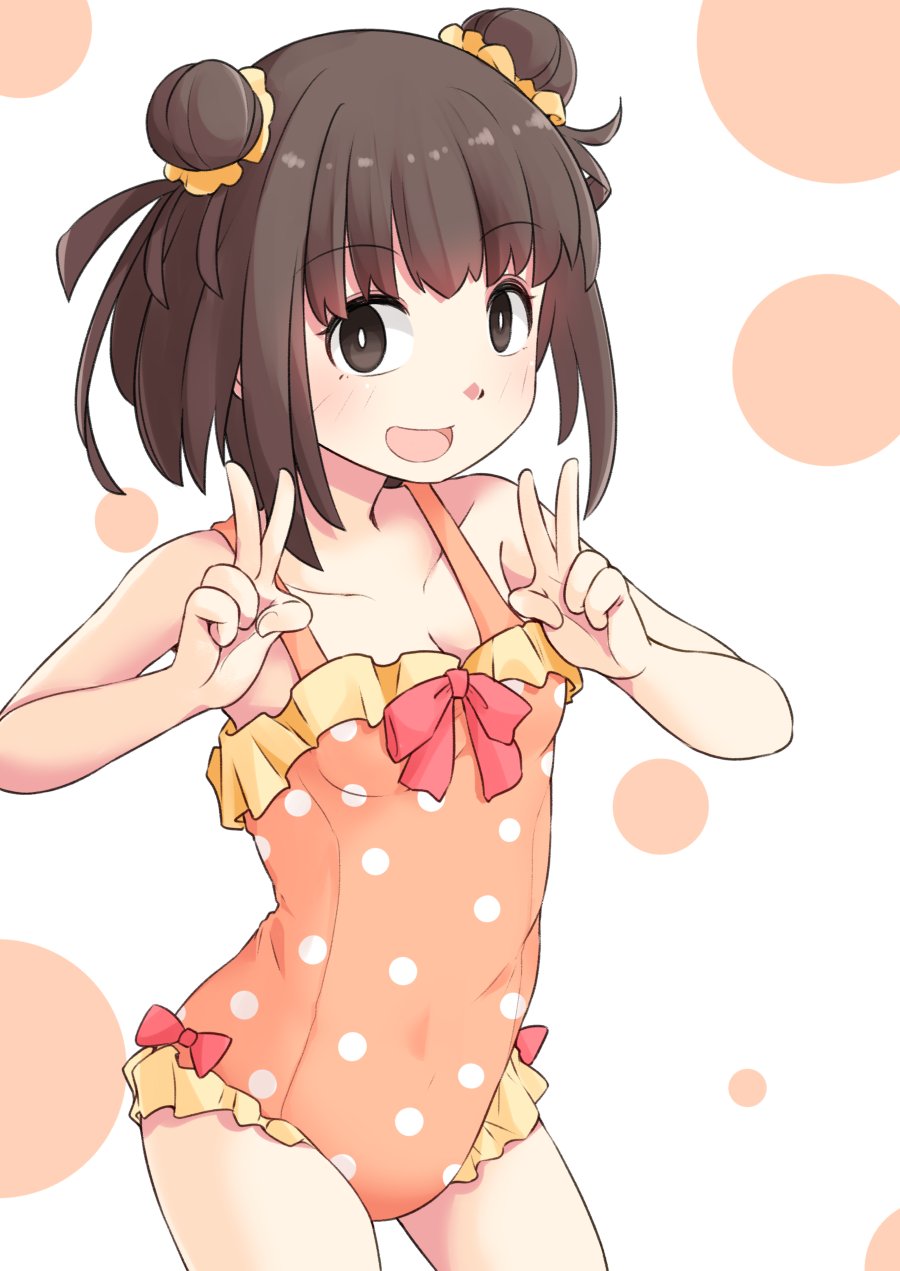 okitarou (okiyo), naka (kancolle), kantai collection, highres, 1girl, antenna hair, blush, breasts, brown eyes, brown hair, casual one-piece swimsuit, cleavage, cowboy shot, double bun, double v, hair bun, hair ornament, one-piece swimsuit, open mouth, orange one-piece swimsuit, polka dot, polka dot swimsuit, short hair, small breasts, solo, swimsuit, v, white background