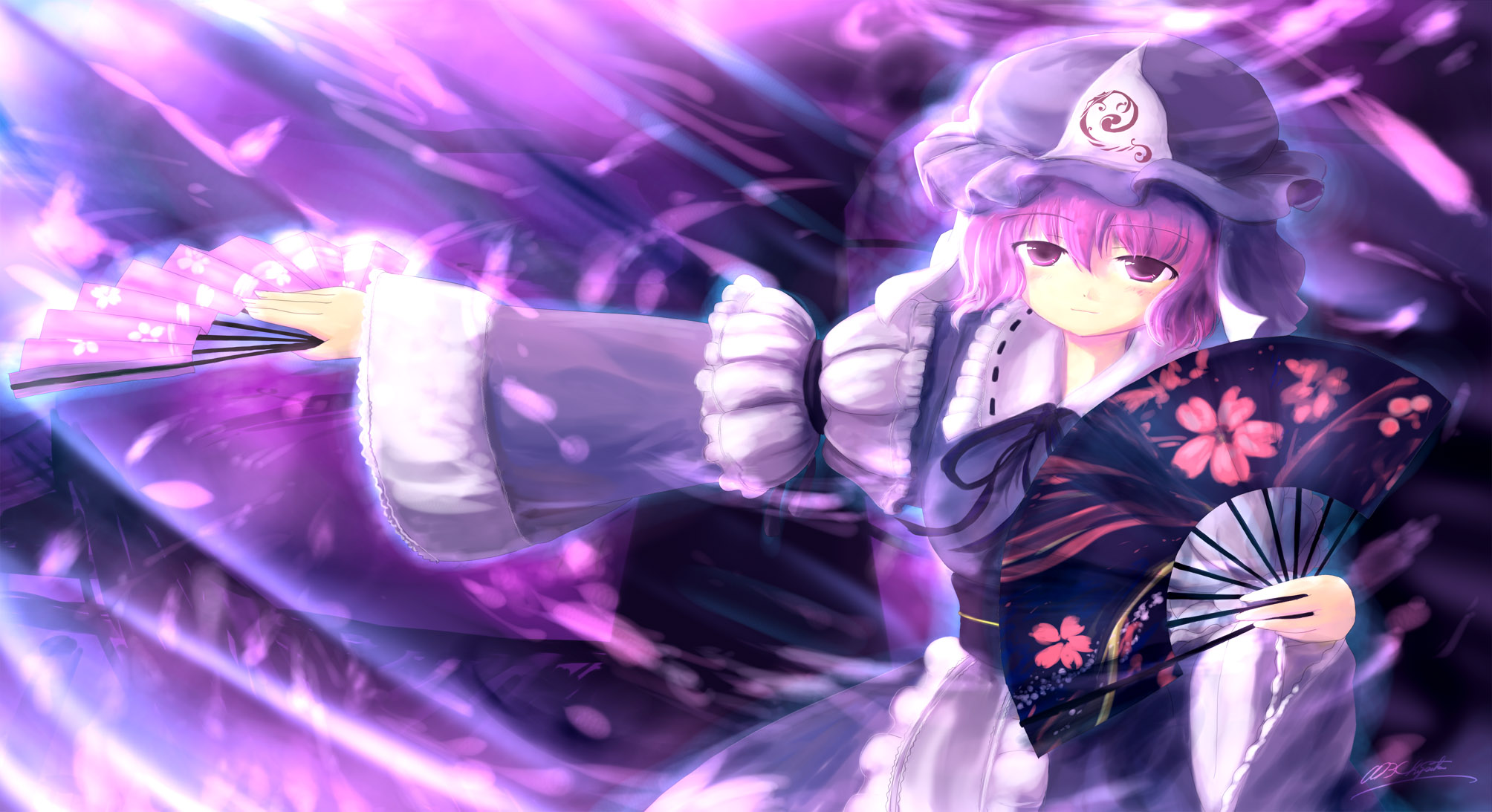tsubasa (abchipika), saigyouji yuyuko, touhou, highres, 1girl, female focus, floral print, folding fan, hand fan, hat, holding, japanese clothes, kimono, long sleeves, looking at viewer, looking back, mob cap, outstretched arms, pink eyes, pink hair, solo, triangular headpiece