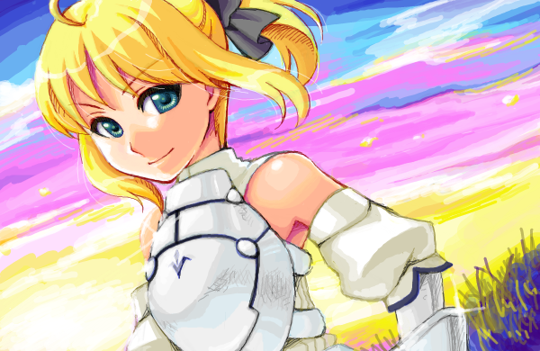manjiduka, artoria pendragon (fate), saber (fate), saber lily, capcom, fate/stay night, fate/unlimited codes, fate (series), 00s, 1girl, armor, blonde hair, blue eyes, female focus, outdoors, ribbon, short hair, sky, smile, solo