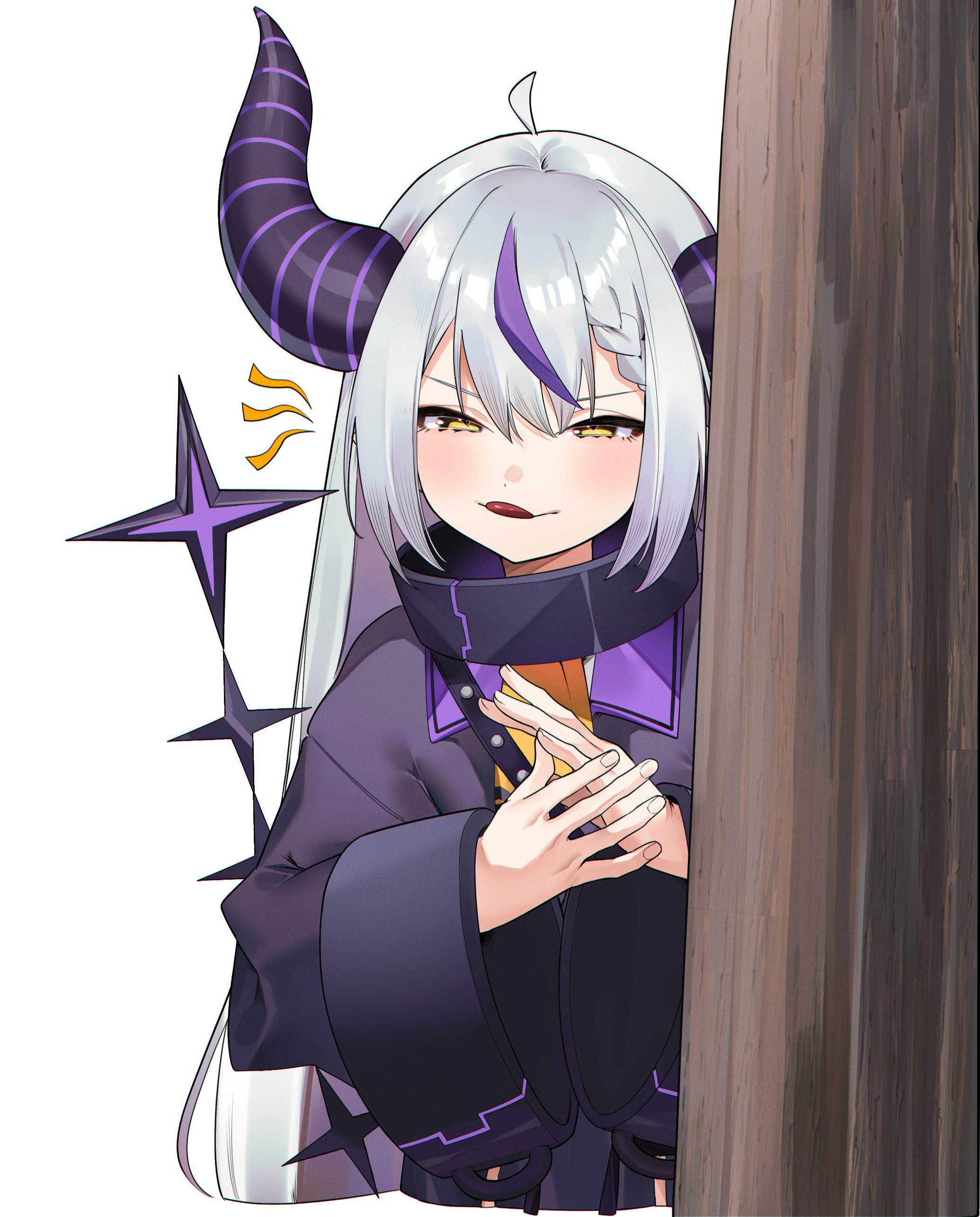 la+ darknesss, la+ darknesss (1st costume), hololive, absurdres, highres, 1girl, ahoge, anthony adams rubbing hands (meme), ascot, braid, braided bangs, coat, collar, cropped torso, cuffs, demon horns, dot nose, grey hair, handcuffs, horns, licking lips, long hair, looking at viewer, meme, metal collar, multicolored hair, purple coat, purple hair, solo, streaked hair, striped horns, tail, tongue, tongue out, virtual youtuber, yellow ascot, yellow eyes