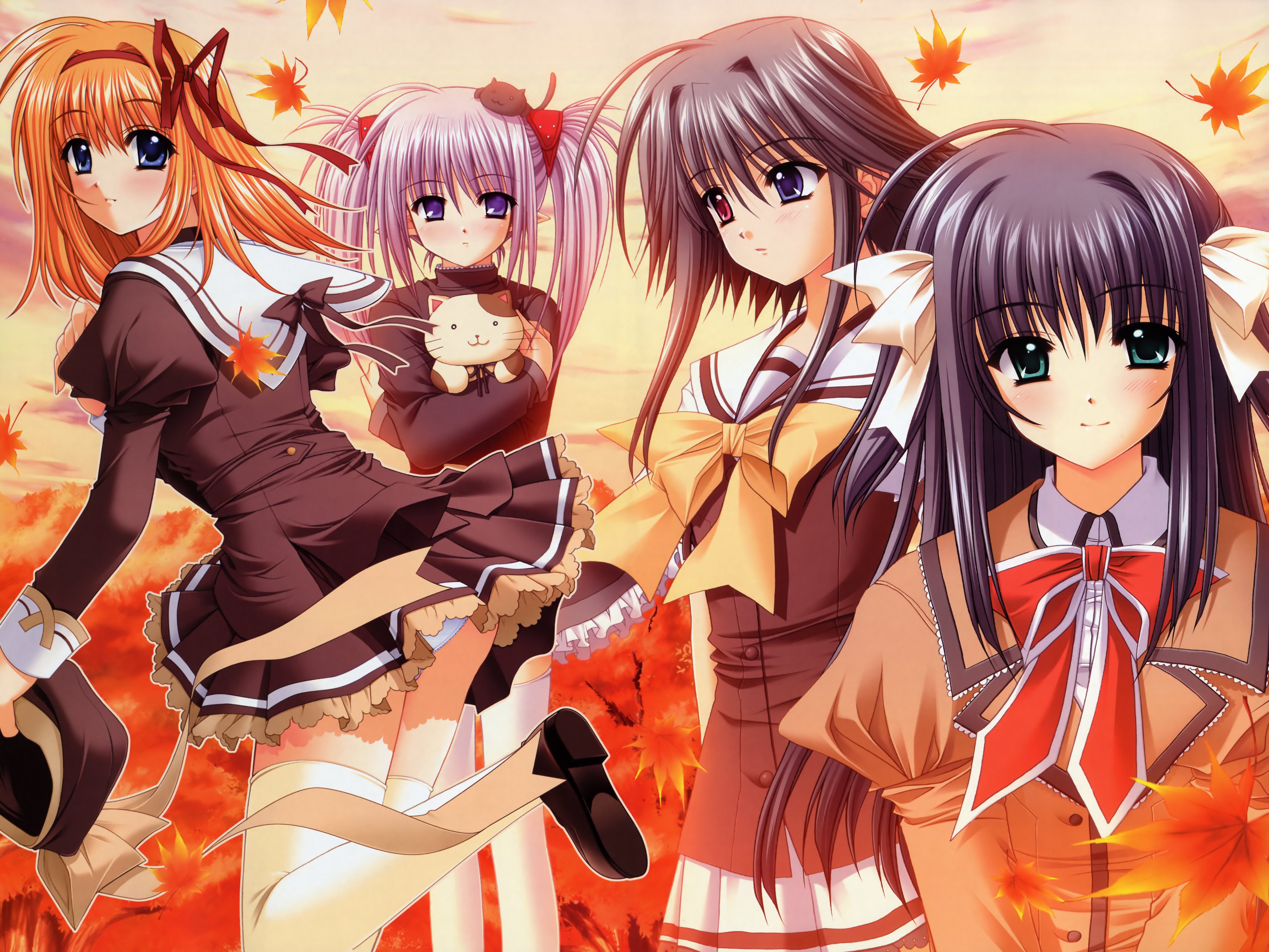 nishimata aoi, fuyou kaede, mayumi thyme, primula, yae sakura, really? really!, shuffle!, silver hair, absurdres, highres, official art, 00s, 4girls, autumn, black hair, blue eyes, blush, fall, green eyes, hair ribbon, hat, heterochromia, leaf, multiple girls, orange hair, panties, pantyshot, purple eyes, ribbon, school uniform, short hair, short hair with long locks, stuffed animal, stuffed cat, stuffed toy, thighhighs, twintails, underwear, zettai ryouiki