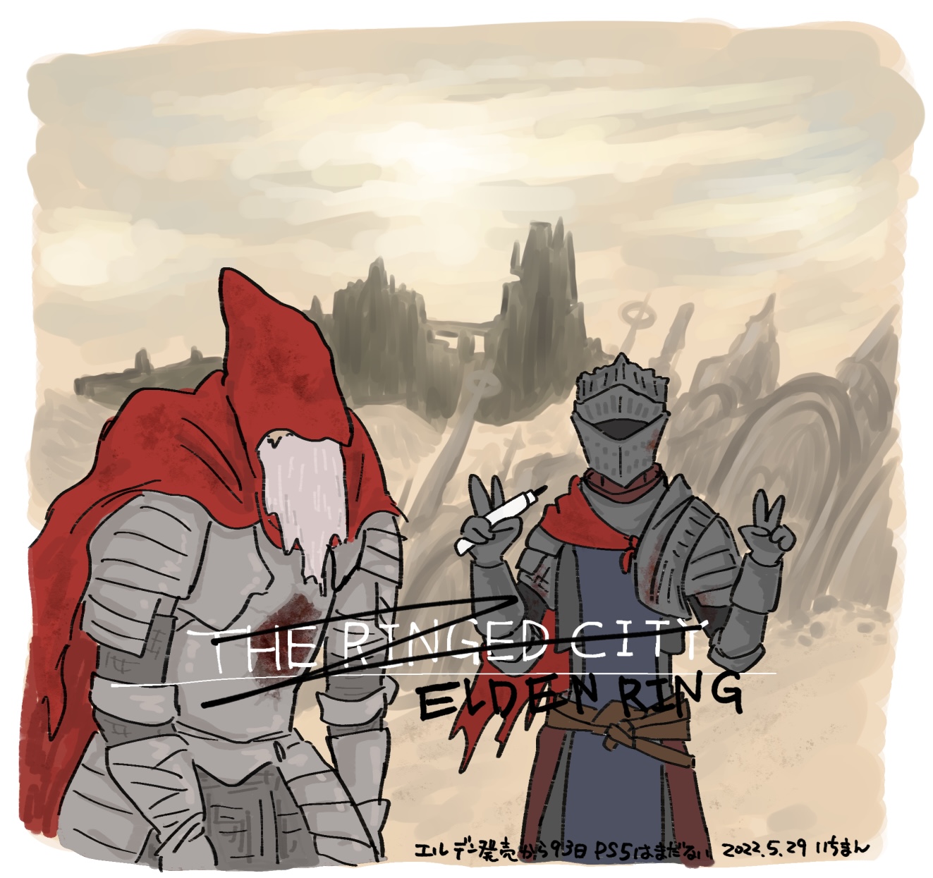 ashen one (dark souls), slave knight gael, dark souls (series), dark souls iii, elden ring, commentary request, highres, translation request, 1boy, 1other, ambiguous gender, armor, beard, belt, breastplate, brown belt, cloak, cowboy shot, double v, facial hair, fourth wall, gauntlets, helm, helmet, holding, holding marker, hood, hooded cloak, i (1290117), knight, marker, pauldrons, red cloak, shoulder armor, v