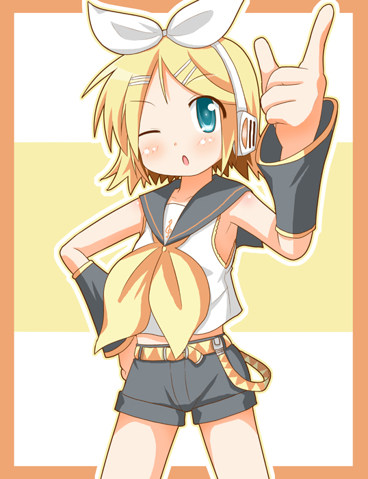 minami (colorful palette), kagamine rin, vocaloid, bad perspective, 1girl, ;o, belt, belt buckle, blonde hair, blue eyes, border, buckle, comic, detached sleeves, female focus, hair ornament, hair ribbon, hairclip, hand on own hip, headphones, index finger raised, legs apart, looking at viewer, neckerchief, one eye closed, open mouth, outline, ribbon, school uniform, serafuku, shirt, short hair, short sleeves, sleeveless, sleeveless shirt, solo, standing, swept bangs, tareme, treble clef, white outline, wink, yellow neckerchief