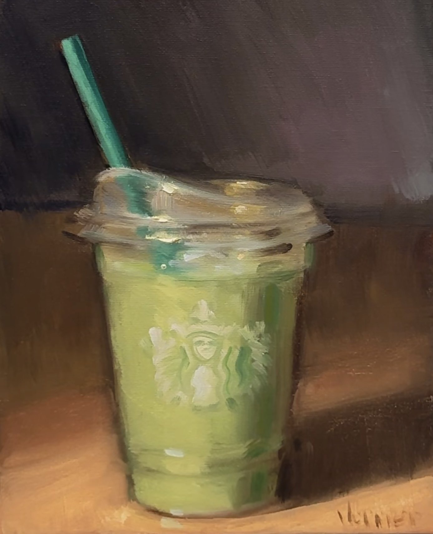 noah verrier, original, starbucks, commentary, english commentary, highres, artist name, cup, disposable cup, drink, drinking straw, food focus, matcha (food), shadow, still life