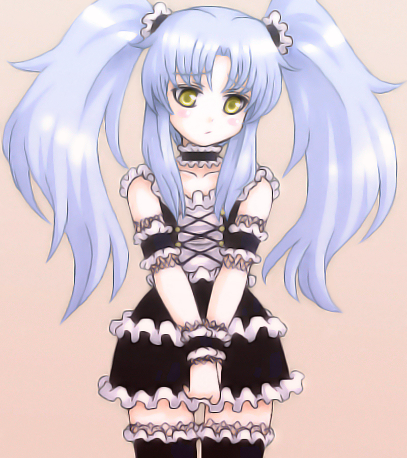 ebi tendon, hoshino ruri, kidou senkan nadesico, silver hair, 1girl, arm garter, black thighhighs, collarbone, female focus, frilled thigh strap, frills, goth fashion, long hair, looking at viewer, neck garter, own hands together, sidelocks, solo, thigh strap, thighhighs, twintails, v arms, yellow eyes, zettai ryouiki