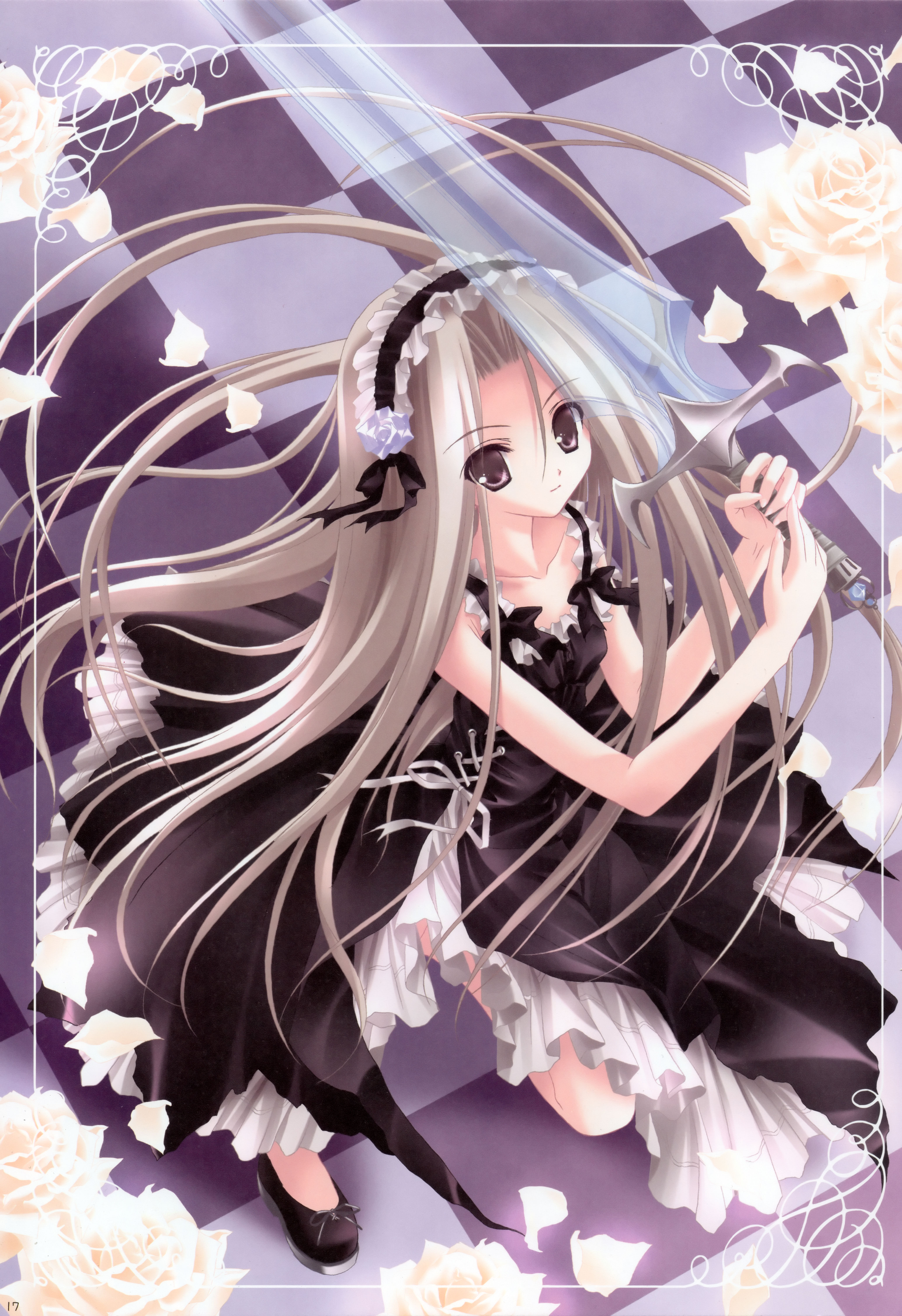 tinker bell (pixiv 10956015), duel dolls, absurdres, highres, blonde hair, brown eyes, dress, flower, petals, solo, sword, weapon