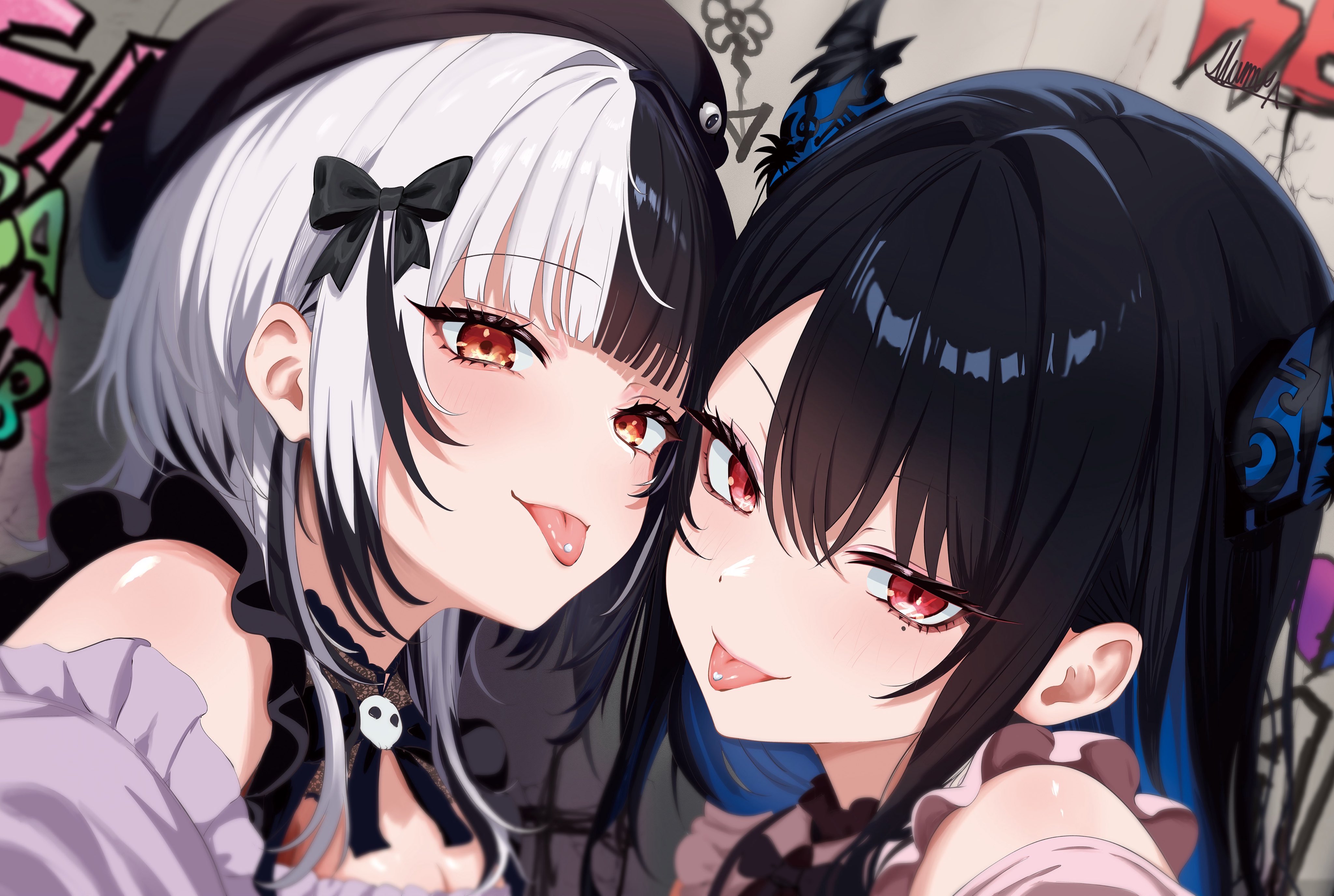 akamiya mumu, nerissa ravencroft, shiori novella, hololive, hololive english, absurdres, highres, 2girls, alternate costume, beret, black bow, black hair, black horns, black ribbon, blue hair, bow, breasts, cleavage, close-up, colored inner hair, graffiti, hair bow, hat, horns, long hair, looking at viewer, mole, mole under eye, multicolored hair, multiple girls, orange eyes, red eyes, ribbon, split-color hair, tongue, tongue out, two-tone hair, virtual youtuber, white hair