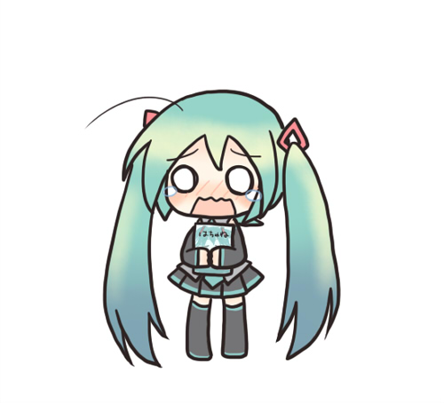 sakuramori sumomo, hachune miku, hatsune miku, vocaloid, lowres, ahoge, aqua hair, blush, chibi, long hair, o o, skirt, solo, tears, thighhighs, twintails, zettai ryouiki