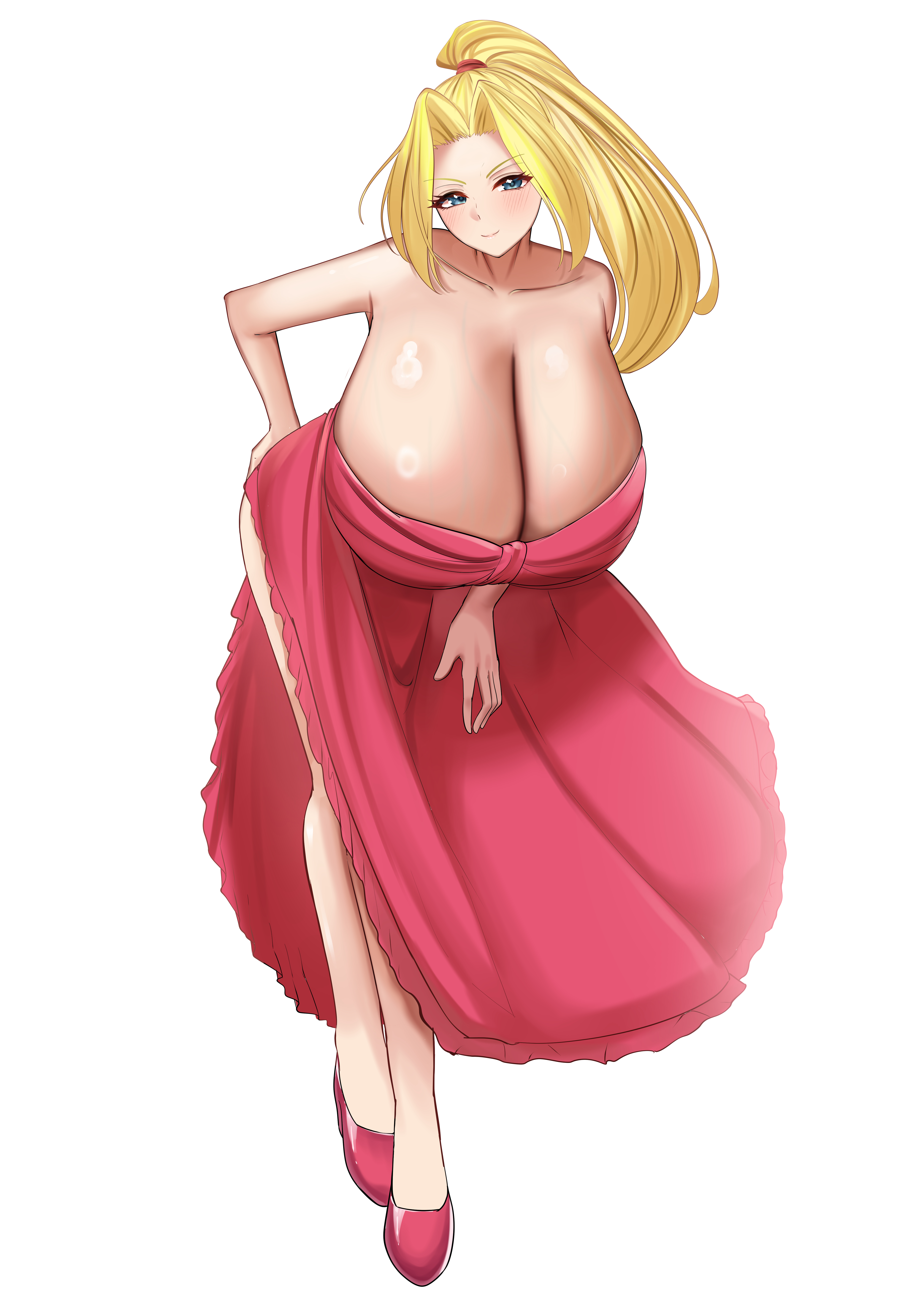 amemiya arikapu, bandai, absurdres, commentary request, commission, highres, pixiv commission, 1girl, alternate breast size (larger), alternate costume, bare arms, bare legs, bare shoulders, blonde hair, blue eyes, breasts, cleavage, closed mouth, collarbone, crisis beat, curtained hair, dress, hair tie, hand on own hip, hand on own thigh, hanging breasts, head tilt, high ponytail, huge breasts, julia jefferson, leaning forward, legs, long legs, low neckline, off-shoulder dress, off shoulder, parted bangs, ponytail, red dress, red shoes, shiny skin, shoes, side slit, simple background, solo, white background