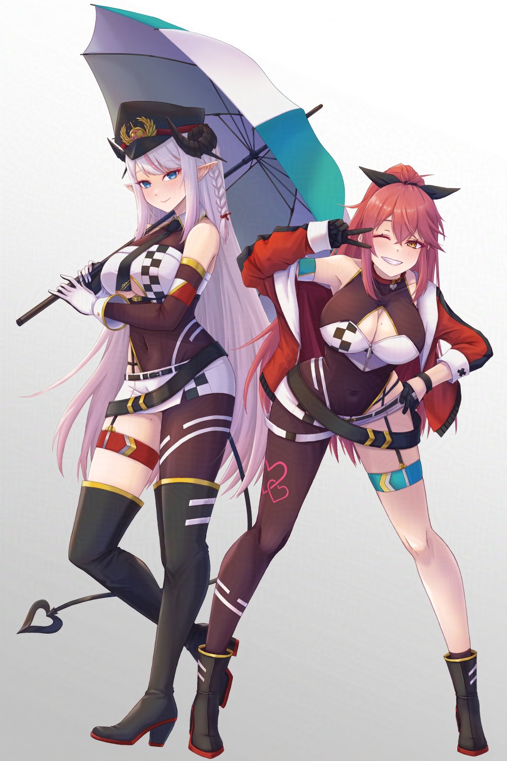 waa! okami, original, adversarial noise, commission, highres, skeb commission, 2girls, ankle boots, antenna hair, armband, asymmetrical clothes, asymmetrical legwear, asymmetrical leotard, bare shoulders, belt, belt buckle, bent over, black belt, black boots, black bow, black gloves, black hat, black horns, black jacket, black leotard, black necktie, black tail, blue umbrella, blush, boots, bow, braid, breasts, brown hair, buckle, checkered clothes, checkered shorts, cleavage cutout, closed mouth, clothing cutout, covered navel, cropped jacket, crossed bangs, curled horns, demon girl, demon horns, demon tail, elbow gloves, fang, front zipper, gloves, gold trim, grey hair, grin, hair between eyes, hair bow, hair tie, hand on own hip, hat, heart, high heel boots, high heels, horns, jacket, knee boots, large breasts, leotard, long hair, long sleeves, looking at viewer, micro shorts, mole, mole on breast, multicolored leotard, multiple girls, necktie, off shoulder, one eye closed, open mouth, peaked cap, pointy ears, ponytail, purple eyes, race queen, red armband, red jacket, red ribbon, ribbon, shorts, sidelocks, simple background, single bare leg, single braid, single leg pantyhose, skindentation, smile, standing, standing on one leg, tail, thigh strap, two-tone gloves, two-tone leotard, umbrella, underboob, v, v over eye, very long hair, white background, white gloves, white leotard, white shorts, zipper leotard