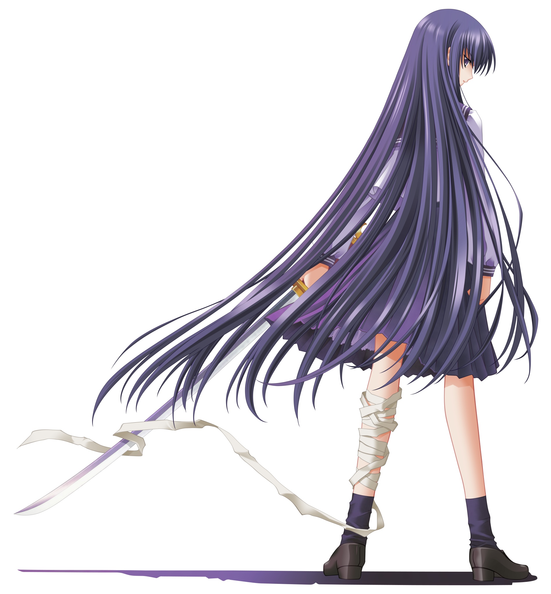 carnelian, azuma hazuki, yami to boushi to hon no tabibito, highres, 00s, bandages, black hair, long hair, purple hair, school uniform, solo, sword, very long hair, weapon