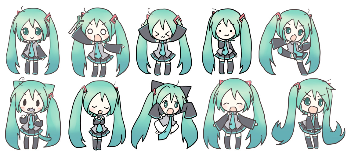 sakuramori sumomo, hatsune miku, potemayo, vocaloid, > <, :3, ahoge, animal ears, aqua eyes, aqua hair, cat ears, cat tail, chibi, closed eyes, detached sleeves, fish, kicking, long hair, mouth hold, music, necktie, nyoro~n, o o, parody, singing, skirt, spring onion, tail, thighhighs, twintails, x3, zettai ryouiki