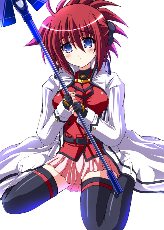 futaba shion, utanone shion, erio mondial, strada, lyrical nanoha, mahou shoujo lyrical nanoha, mahou shoujo lyrical nanoha strikers, 00s, 1girl, adapted costume, aged up, blue eyes, breasts, cape, female focus, fingerless gloves, genderswap, genderswap (mtf), gloves, medium breasts, red hair, skirt, solo, thighhighs, zettai ryouiki