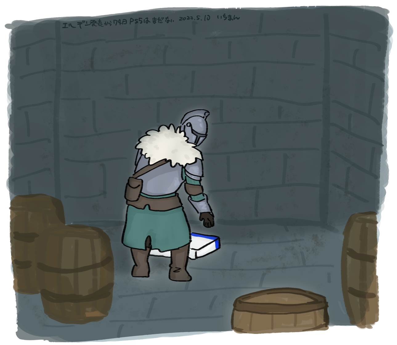 bearer of the curse, dark souls (series), dark souls ii, commentary request, translation request, 1other, ambiguous gender, barrel, black gloves, black pants, boots, border, brick wall, brown boots, dated, from behind, full body, fur collar, game console, gloves, green shirt, helm, helmet, i (1290117), indoors, looking at viewer, looking back, other focus, pants, playstation 5, shirt, solo, standing, white border