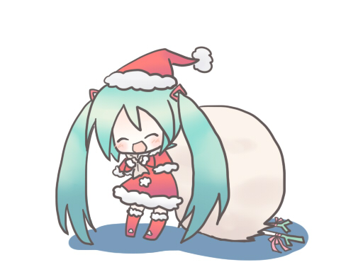 sakuramori sumomo, hatsune miku, vocaloid, aqua hair, chibi, christmas, hat, long hair, sack, santa costume, santa hat, solo, spring onion, thighhighs, twintails