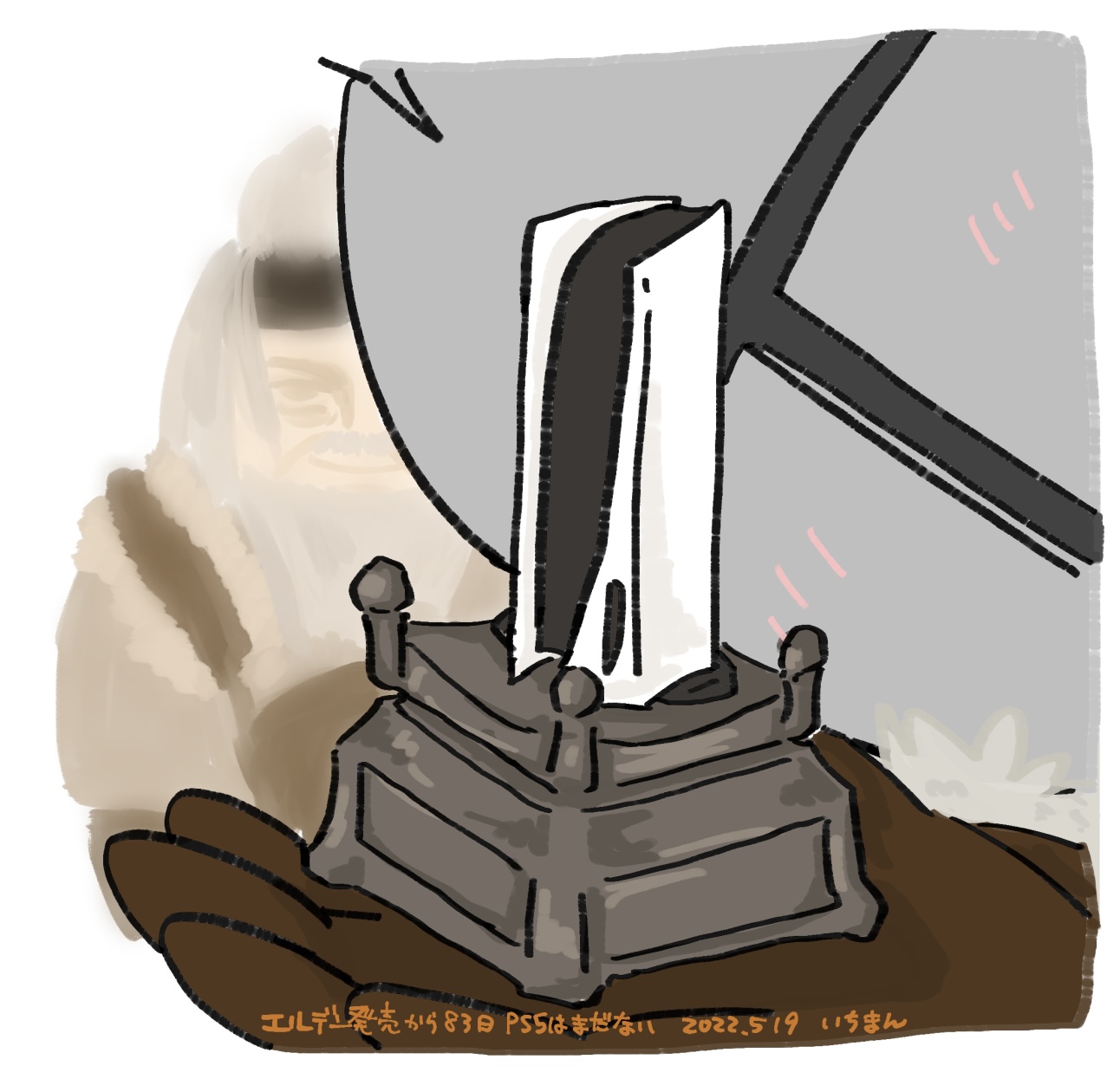 bearer of the curse, dark souls (series), dark souls ii, commentary request, highres, 1boy, 1other, ambiguous gender, blush, border, brown gloves, figure, game console, gloves, helm, helmet, i (1290117), laddersmith gilligan, other focus, playstation 5, solo focus, white border