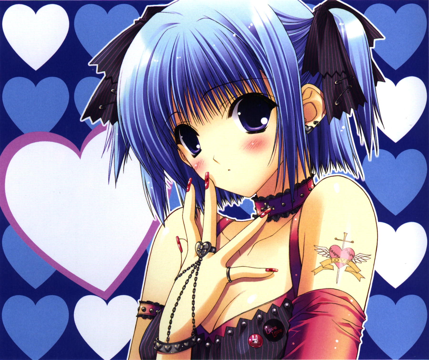 suzuhira hiro, character request, highres, 1girl, arm garter, blue hair, blush, choker, detached sleeves, earrings, female focus, hair ribbon, jewelry, nail art, nail polish, pink nails, purple eyes, ribbon, ring, short hair, solo, tattoo
