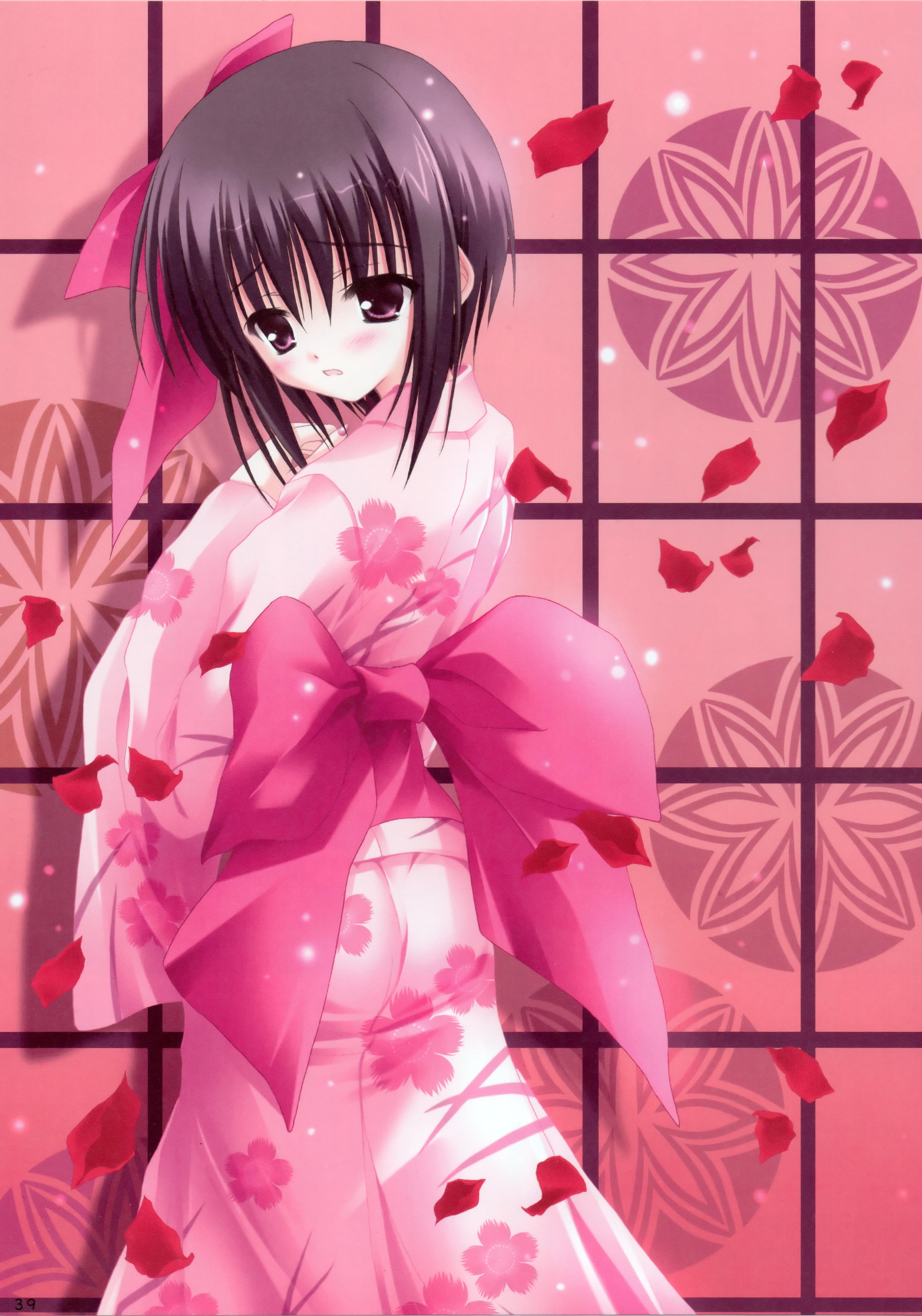 tinker bell (pixiv 10956015), duel dolls, absurdres, highres, against wall, blush, brown hair, japanese clothes, petals, pink theme, purple eyes, short hair
