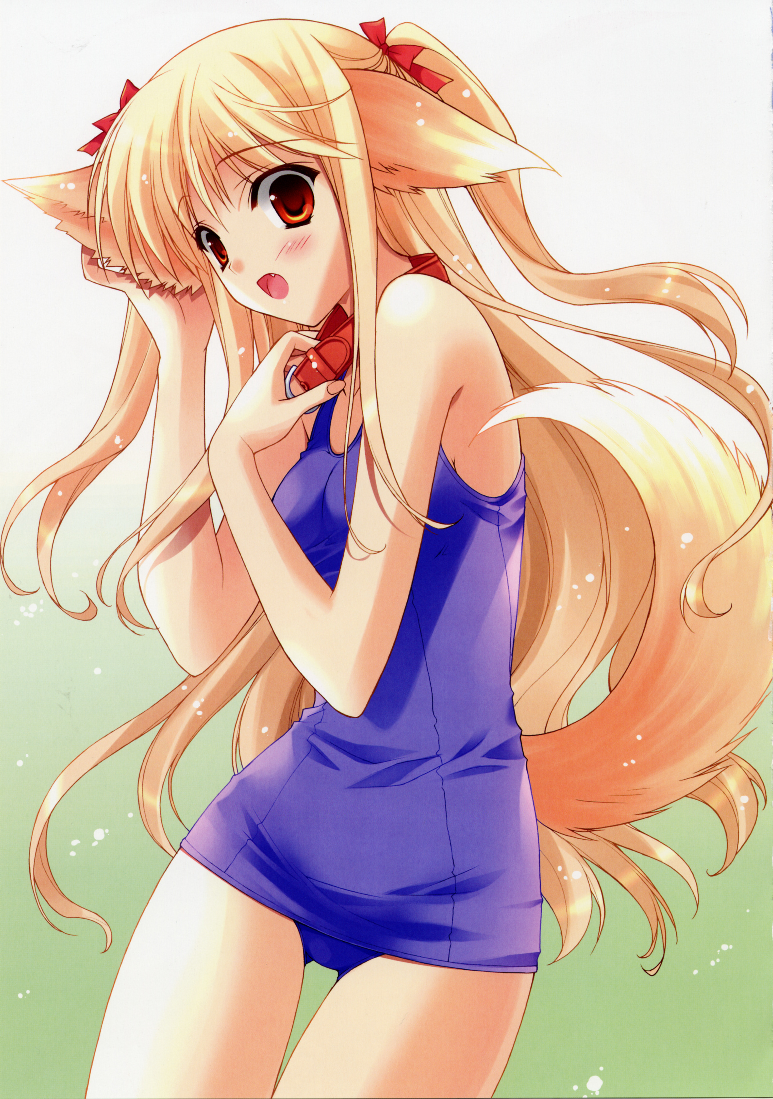 suzuhira hiro, touko (wanko to lily), wanko to lily, absurdres, highres, non-web source, 1girl, animal ears, blonde hair, blush, breasts, collar, dog ears, fang, female focus, gradient background, hair ribbon, long hair, one-piece swimsuit, open mouth, red eyes, ribbon, school swimsuit, solo, swimsuit, tail, thigh gap, thighs, twintails, very long hair