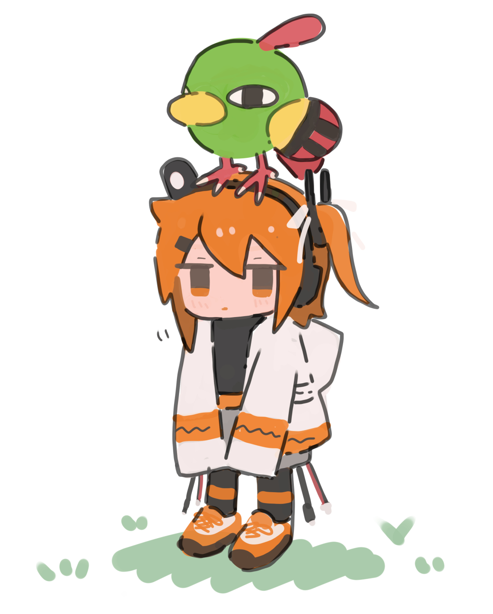 s1ho (ukiy0u0), adachi rei, natu, a.i. voice, nintendo, pokemon, utau, highres, 1girl, animal, animal on head, bird, bird on head, full body, gen 2 pokemon, jacket, long sleeves, on head, open clothes, open jacket, orange eyes, orange hair, standing, white jacket