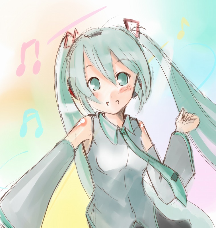 ogu, hatsune miku, vocaloid, 1girl, :d, aqua hair, armpits, beamed quavers, blush, collared shirt, detached sleeves, female focus, gradient background, grey shirt, hair between eyes, hair ornament, headphones, long hair, looking at viewer, musical note, necktie, open mouth, quaver, shirt, sketch, skirt, smile, solo, twintails, upper body