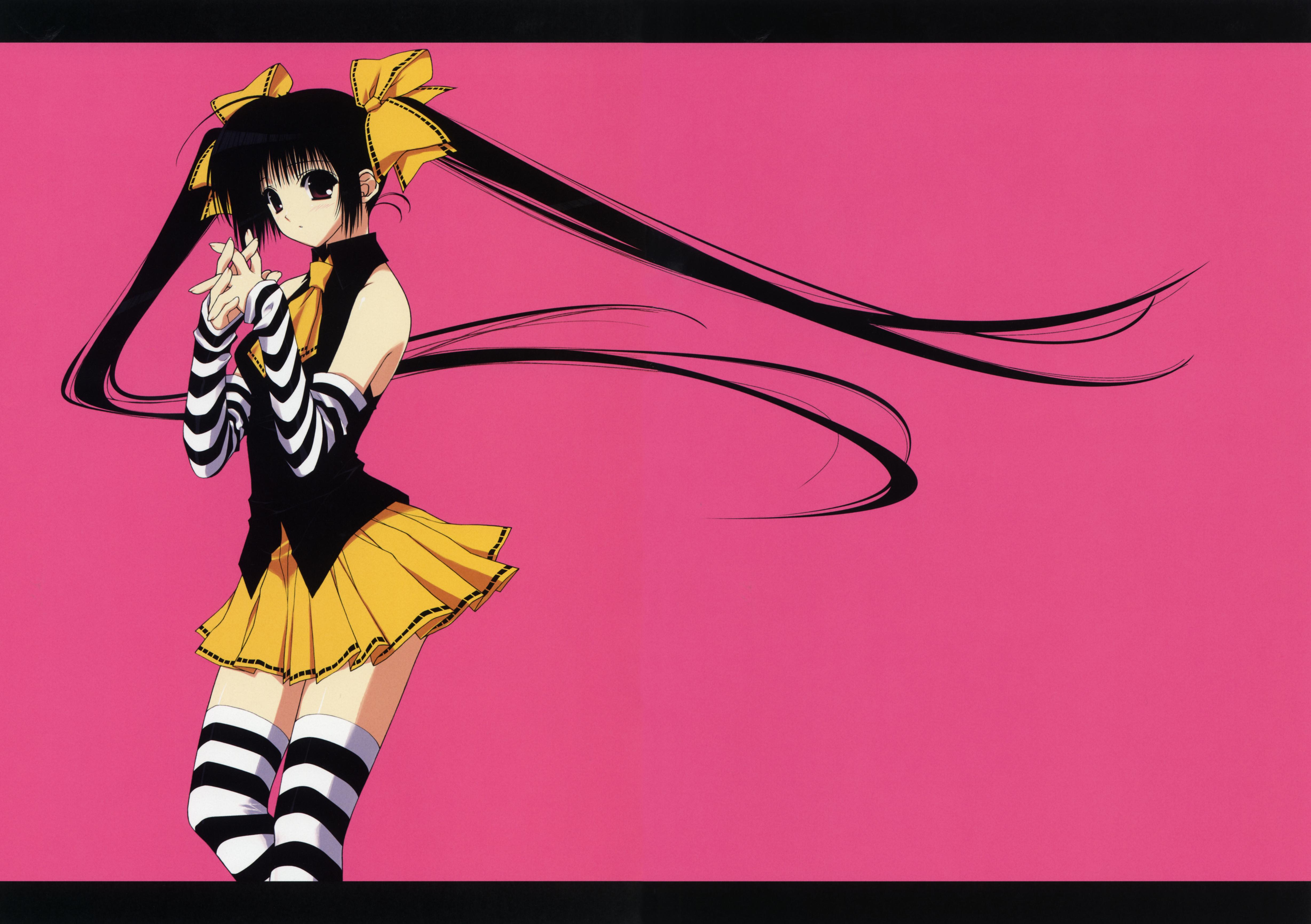 suzuhira hiro, absurdres, highres, 1girl, arm warmers, black hair, brown eyes, female focus, hair ribbon, letterboxed, long hair, pink background, ribbon, socks, solo, striped clothes, striped socks, striped thighhighs, thighhighs, twintails, very long hair, zettai ryouiki
