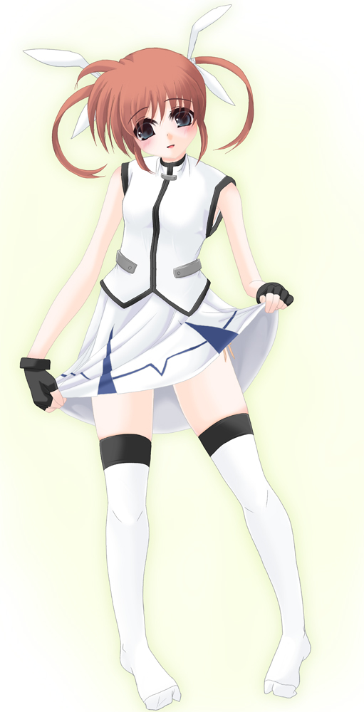 frapowa, takamachi nanoha, takamachi nanoha (aggressor mode), lyrical nanoha, mahou shoujo lyrical nanoha, 00s, blue eyes, blush, brown hair, hair ribbon, ribbon, skirt, solo, thighhighs, twintails, zettai ryouiki