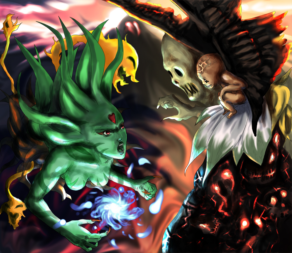 denim (artist), denim (boogee), cloud of darkness, demon king odio, final fantasy, final fantasy iii, live a live, annotated, annotation request, making-of available, 1990s (style), 1girl, attack, claws, colored skin, green skin, magic, monster, open mouth, red eyes, wings