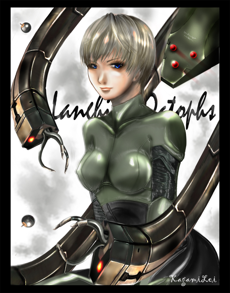 kagami rei, kagamirei, laughing octopus, konami, metal gear (series), metal gear solid, metal gear solid 4: guns of the patriots, silver hair, 1girl, blue eyes, bodysuit, female focus, short hair, solo, tentacles
