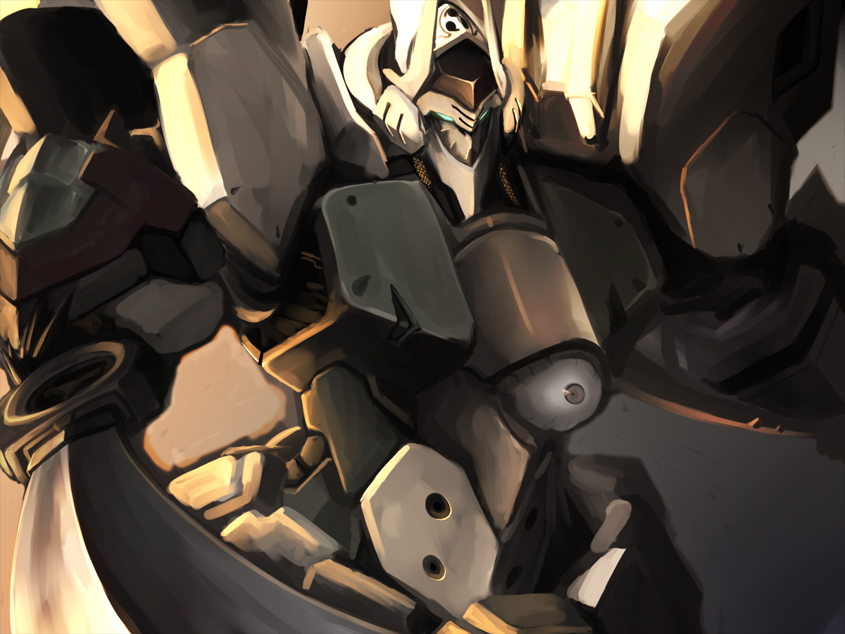 aaru (tenrake chaya), linebarrel, kurogane no linebarrel, 00s, armor, helmet, machinery, mecha, no humans, robot, sunset, weapon