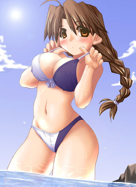 tonpuu, yuri sakazaki, ryuuko no ken, snk, the king of fighters, 1girl, beach, bikini, blush, breasts, brown eyes, brown hair, cloud, day, female focus, large breasts, long hair, navel, outdoors, sky, solo, swimsuit, very long hair, wet