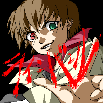 izumo (pixiv362913), hayase kouichi, kurogane no linebarrel, lowres, translation request, 00s, 1boy, brown hair, evil grin, evil smile, green eyes, grin, heterochromia, male focus, oekaki, school uniform, smile, solo