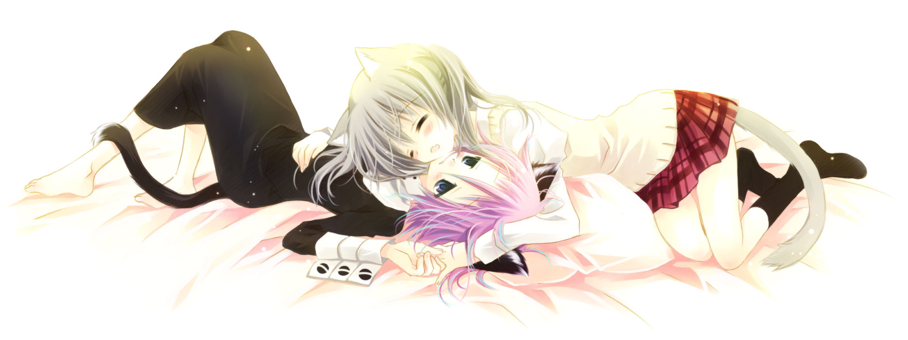 sakurazawa izumi, crona (soul eater), maka albarn, soul eater, gender request, highres, long image, wide image, 00s, androgynous, animal ears, barefoot, bed sheet, black dress, blonde hair, blouse, blush, cat ears, cat tail, closed eyes, cuddling, cuff links, dress, fang, head rest, high collar, holding hands, long hair, lying, on back, open mouth, plaid clothes, plaid skirt, purple eyes, purple hair, shirt, short hair, skirt, socks, sweater, tail, twintails