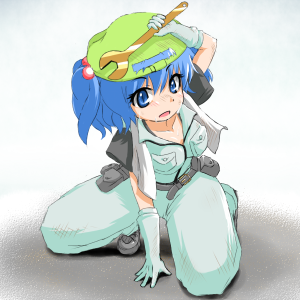 [], kawashiro nitori, touhou, 1girl, blue hair, female focus, gloves, hair bobbles, hair ornament, hat, solo, sweat, two side up, wrench