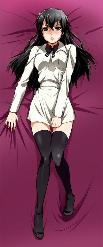 kikuchi mataha, kizaki emi, kurogane no linebarrel, uniform, 00s, 1girl, bed sheet, black hair, blush, bow, breasts, dakimakura (medium), female focus, full body, green eyes, legs, lying, pencil skirt, sheet grab, skirt, solo, thighhighs
