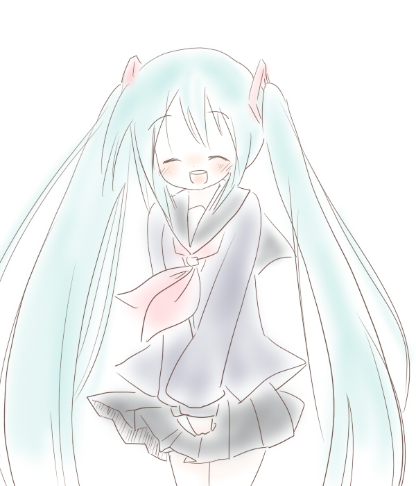 sakuramori sumomo, hatsune miku, vocaloid, aqua hair, long hair, school uniform, serafuku, solo, twintails