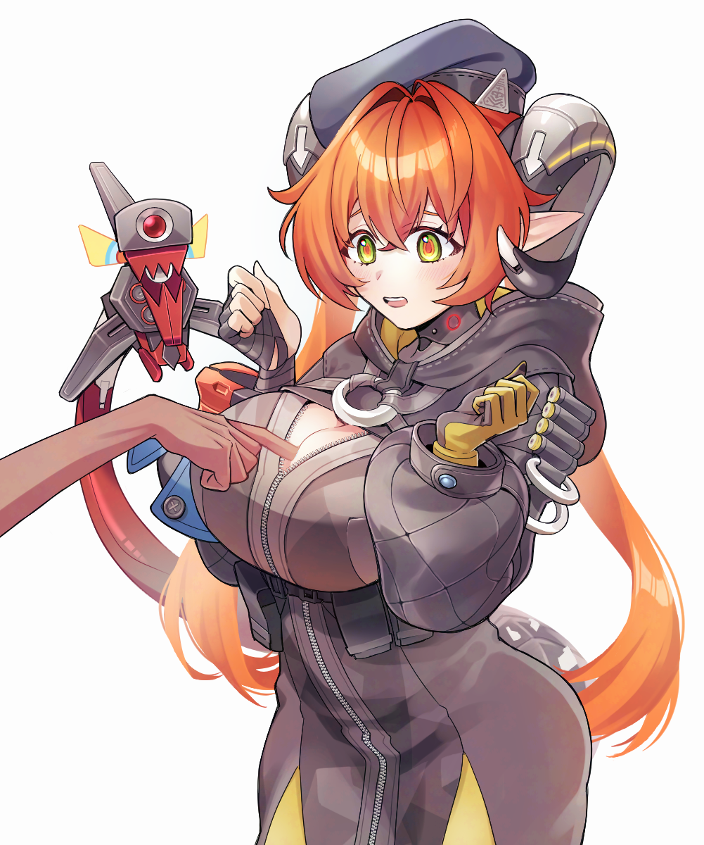 orphie magnusson, zenless zone zero, highres, 1boy, 1girl, black hat, breasts, cleavage, dark-skinned male, dark skin, dragon girl, dragon horns, finger between breasts, fingerless gloves, gloves, green eyes, hair between eyes, hat, hetero, horns, large breasts, long hair, mechanical horns, open mouth, orange hair, orange pupils, pointy ears, simple background, tmskdot, twintails, white background, yellow gloves