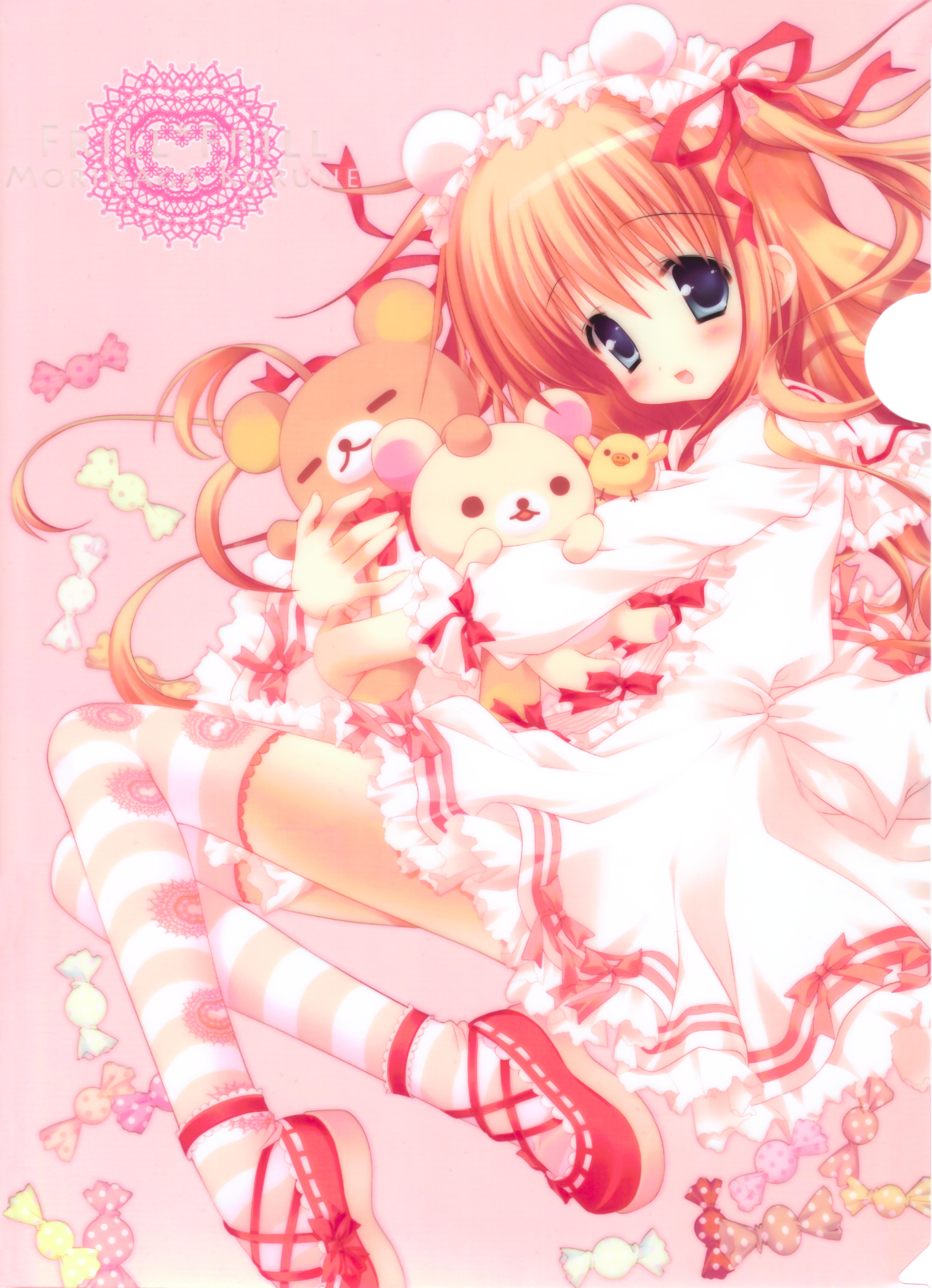 morinaga korune, korilakkuma, rilakkuma, san-x, absurdres, highres, 1girl, blue eyes, blush, candy, dress, female focus, food, hair ribbon, lolita fashion, long hair, orange hair, ribbon, socks, solo, striped clothes, striped socks, striped thighhighs, stuffed animal, stuffed toy, teddy bear, thighhighs